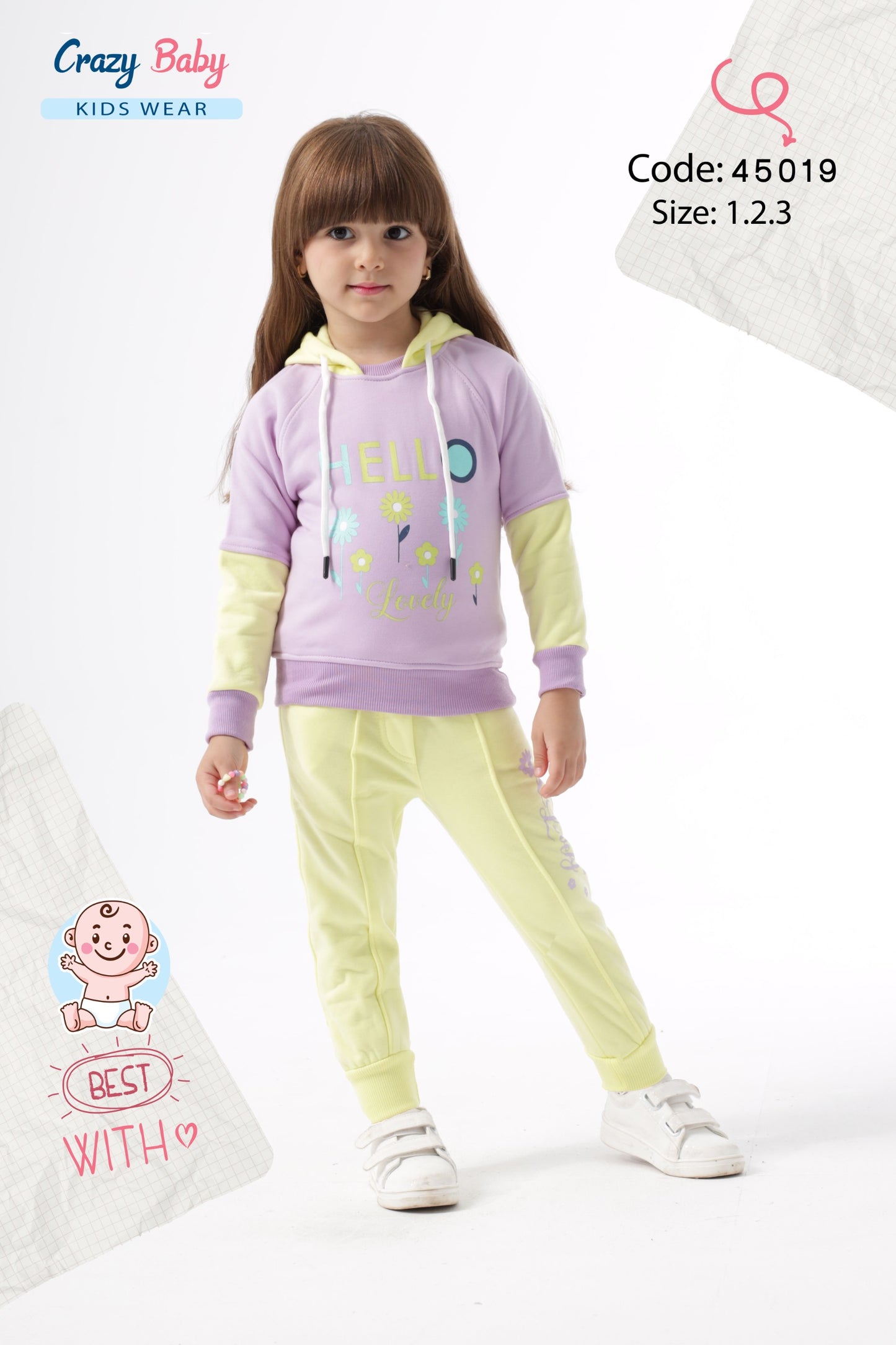 Child wearing a purple and yellow outfit with 'Crazy Baby Kids Wear' branding.