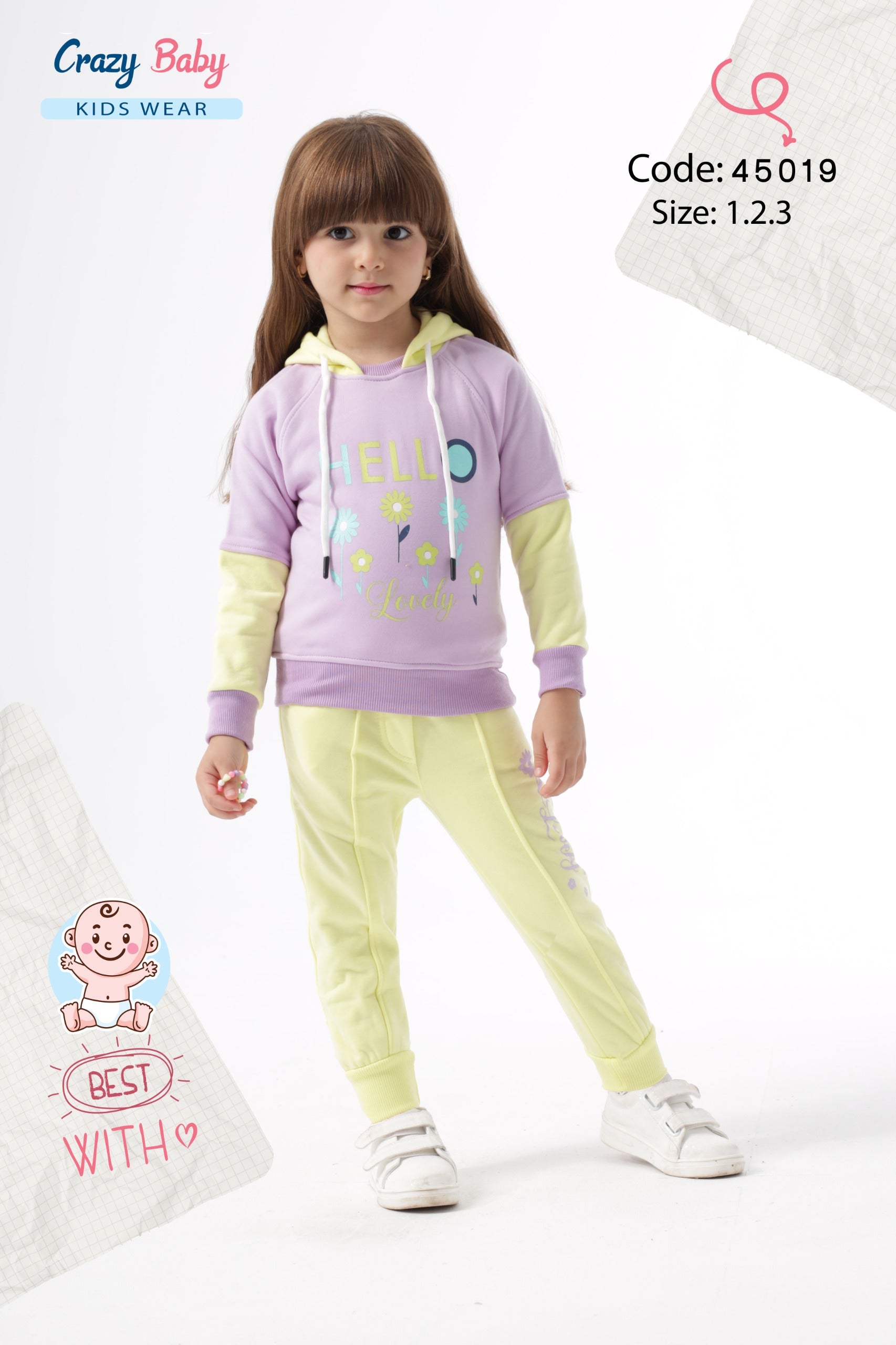 Child wearing a purple and yellow outfit with 'Crazy Baby Kids Wear' branding.