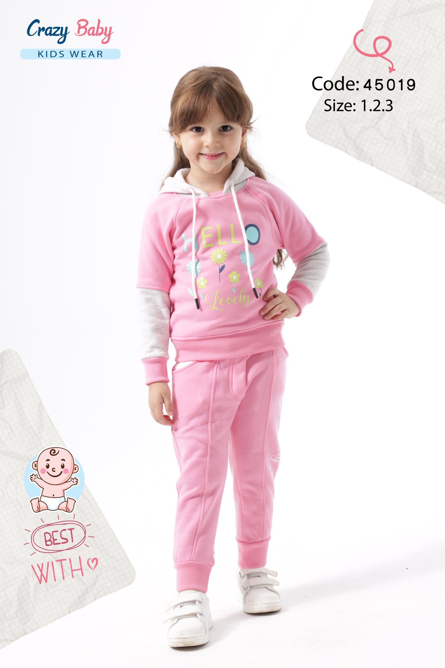 Child wearing a pink hoodie and pants with colorful designs, standing on a white background.