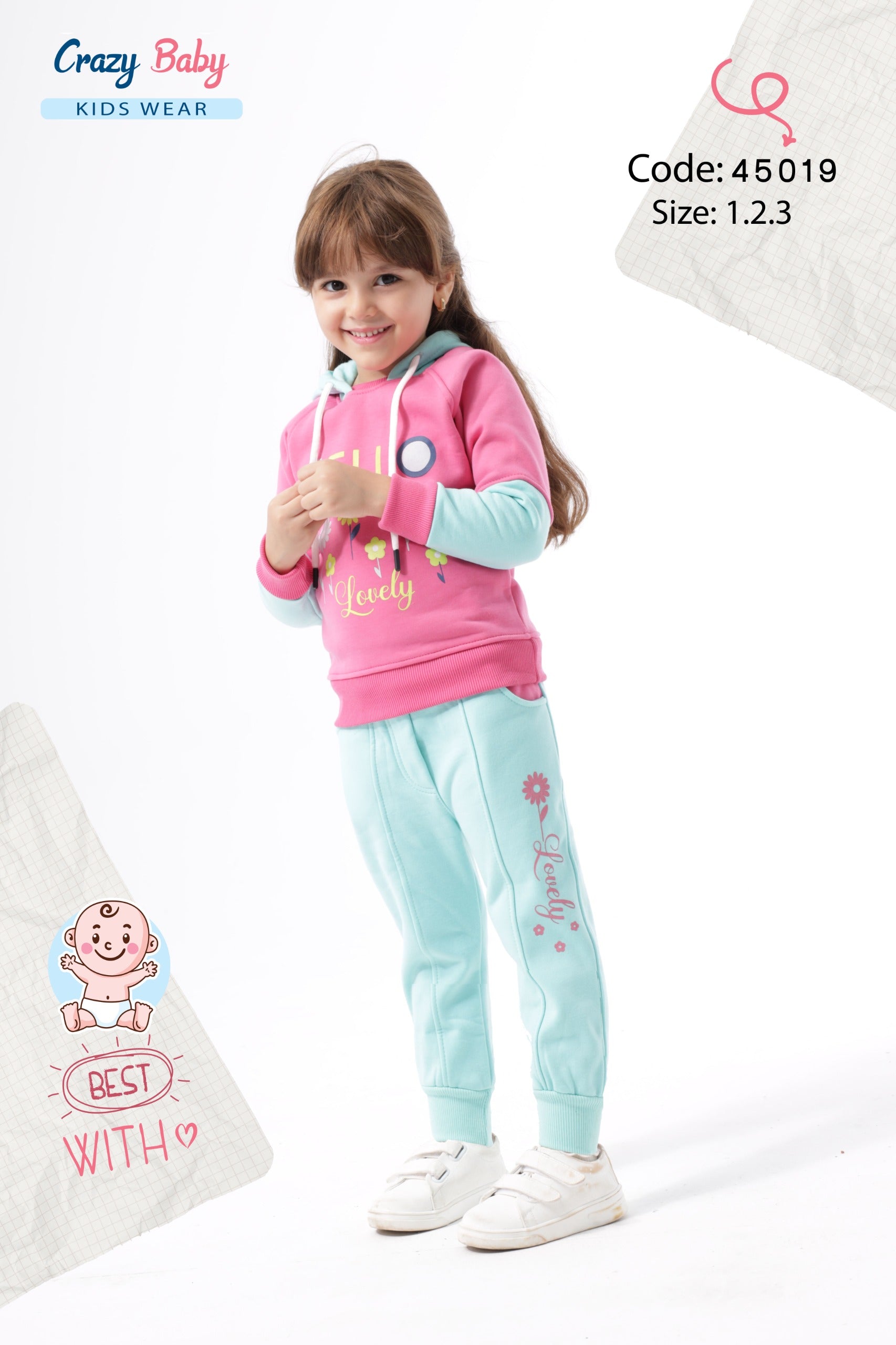 Young girl wearing a pink hoodie and light blue pants with 'Crazy Baby Kids Wear' branding.