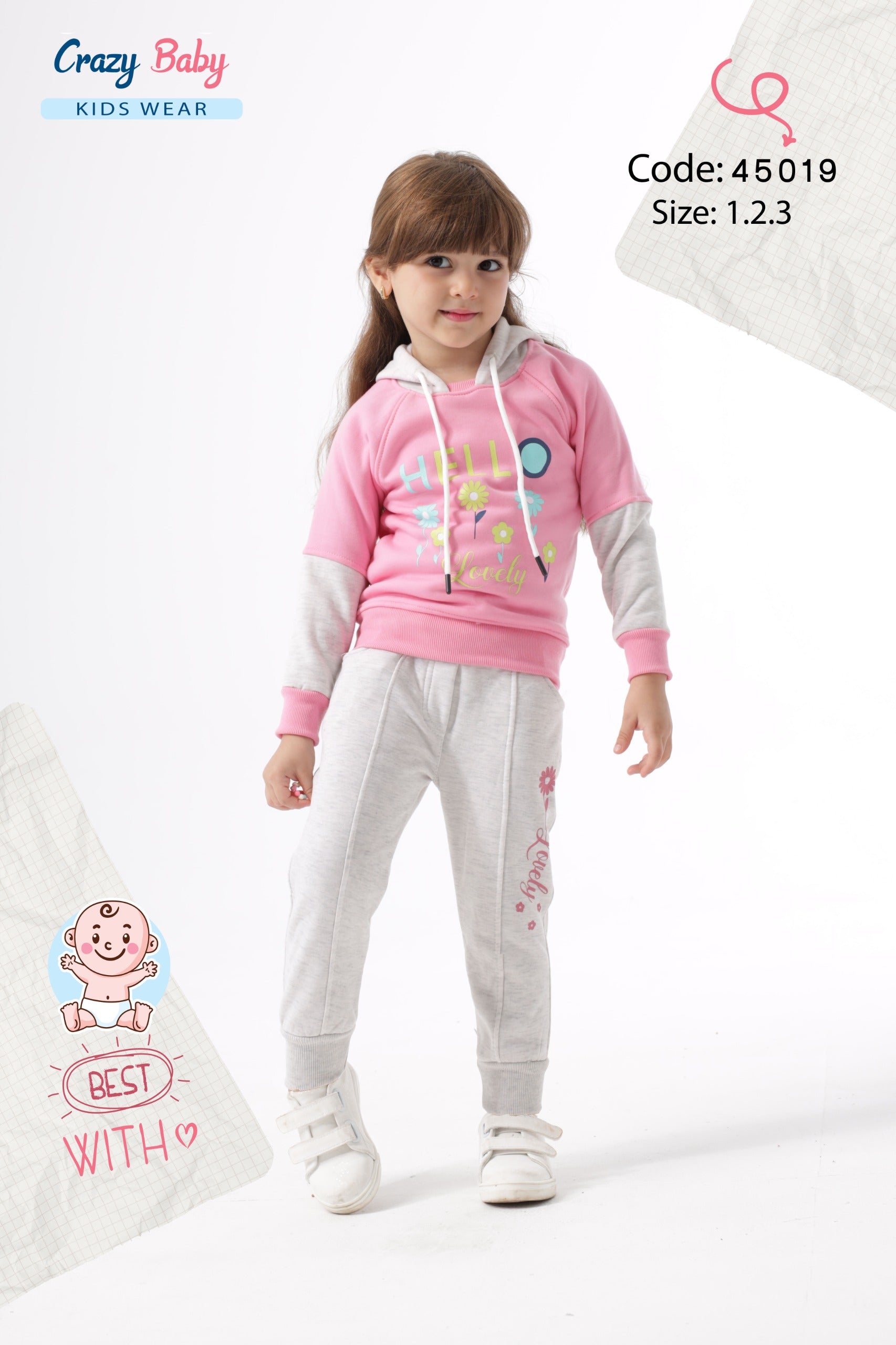 Child wearing a pink and gray hoodie with matching pants, standing against a white background. Brand 'Crazy Baby Kids Wear' is visible.